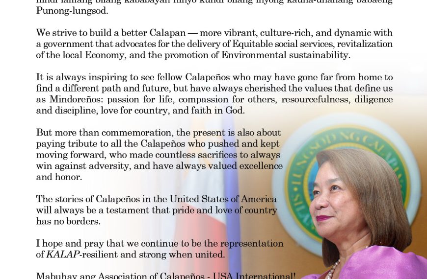 Calapan City Mayor Malou Flores-Morillo’s message to the association of Calapeños USA International