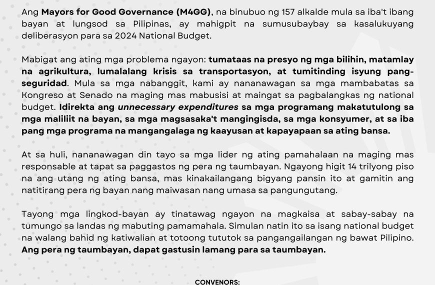 Pahayag ng Mayors for good governance (M4GG) ukol sa deliberasyon para sa 2024 national budget